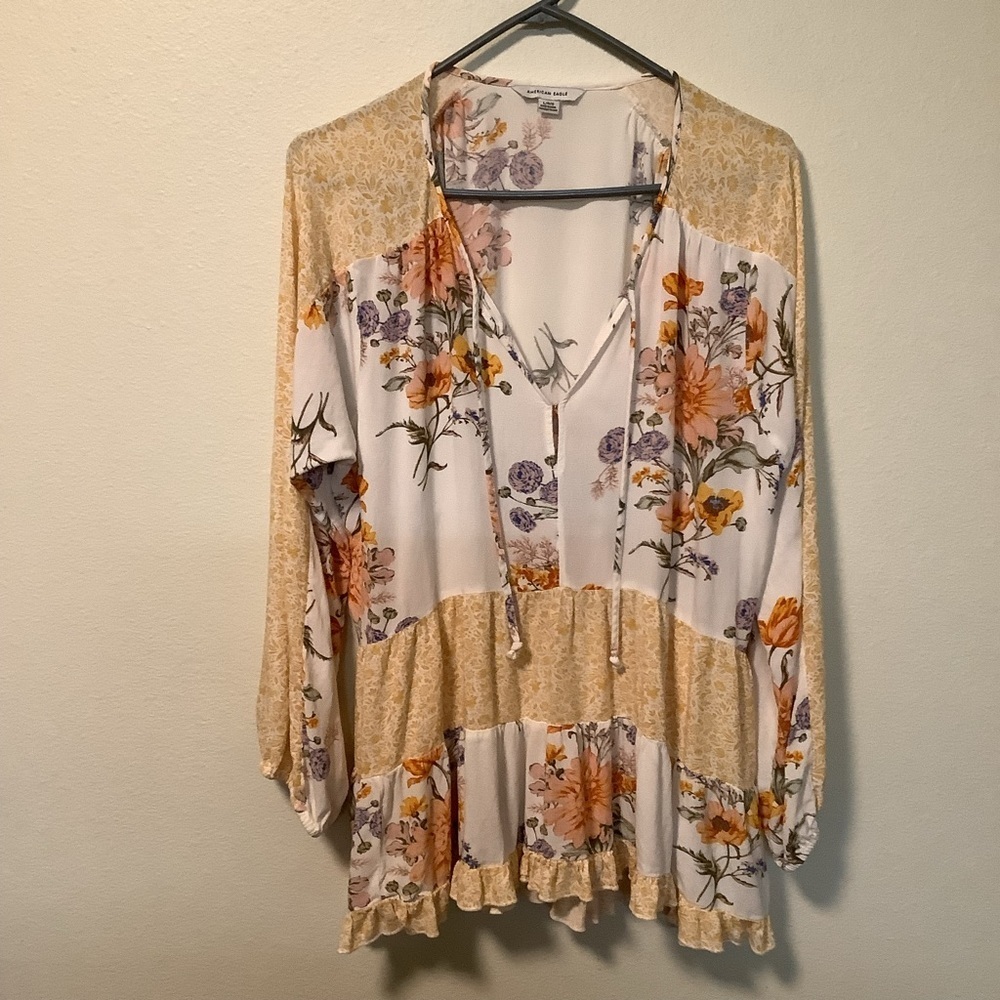 American eagle large boho festival tie front long sleeves floral prairie blouse